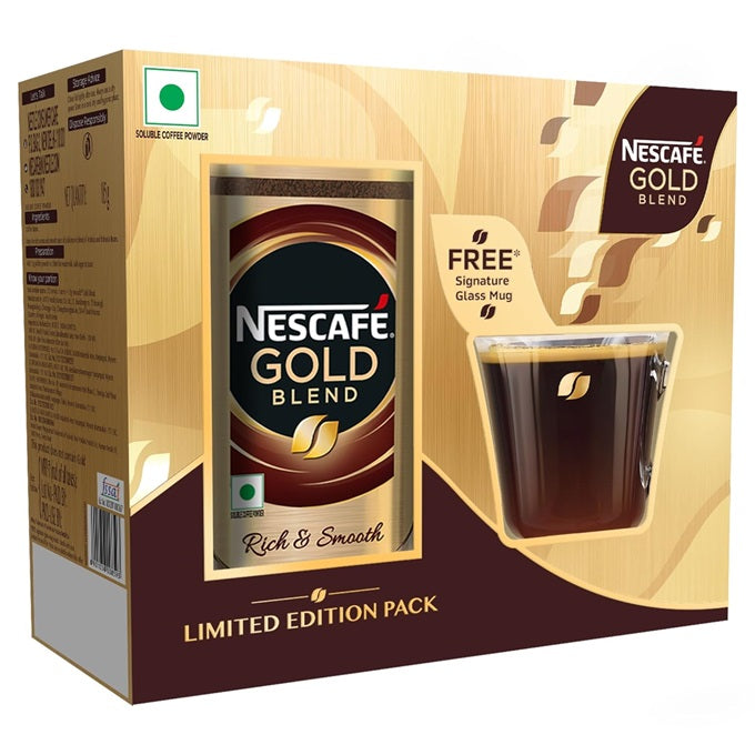 NESCAFE Gold Blend Rich and Smooth Instant Coffee Powder with a Free Glass Mug 185GM