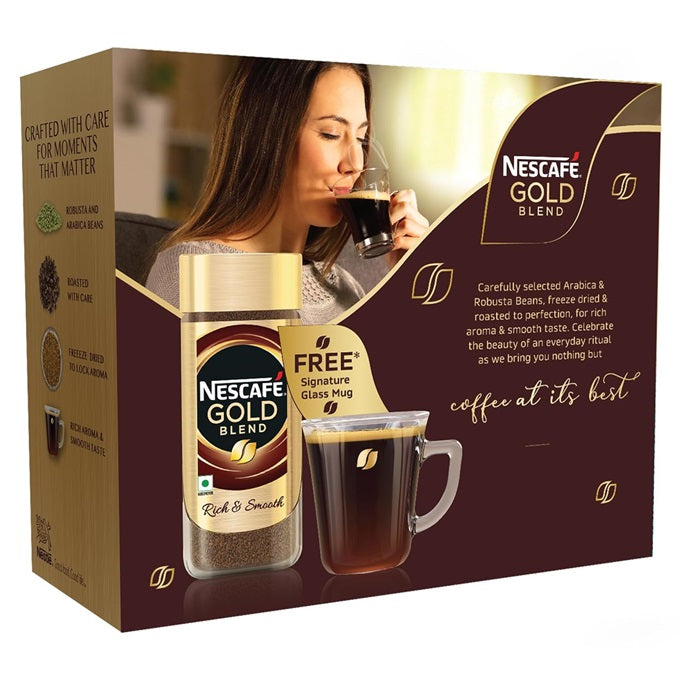 NESCAFE Gold Blend Rich and Smooth Instant Coffee Powder with a Free Glass Mug 185GM