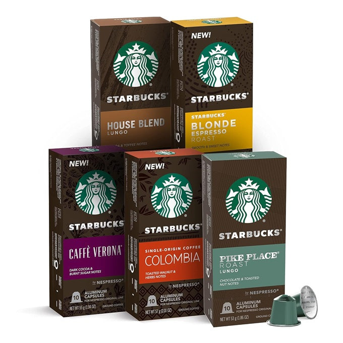 Nespresso Starbucks Capsules, Favorites Variety Pack (Box of 5, 50 Pods) Pike Palace, Colombia, Caffe Verona, Blonde Espresso Roast, House Blend