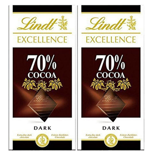 Lindt Excellence 70% Dark Cocoa Chocolate Bar 100g Pack of 2, Imported