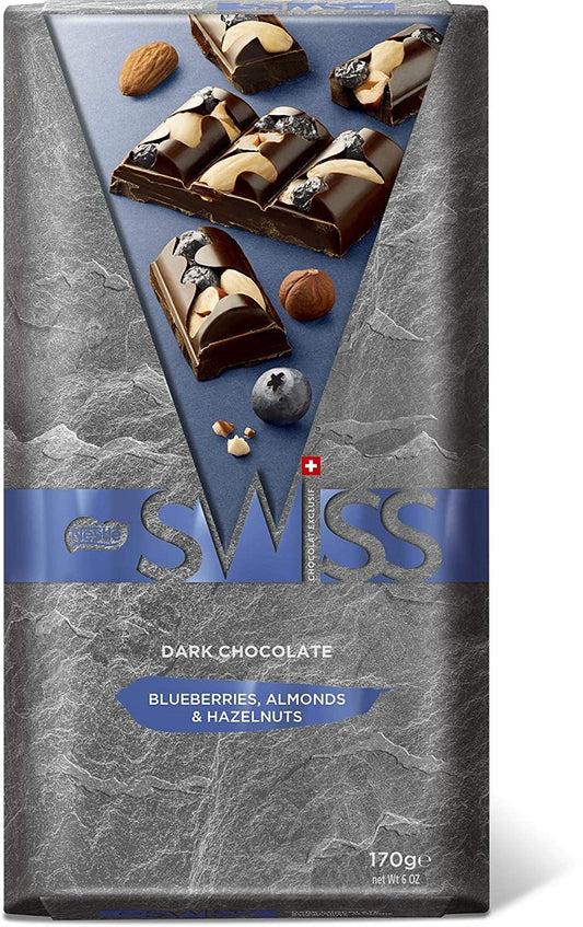 Swiss Blueberries, Hazelnuts & Almond Dark Chocolate Bar 170gm